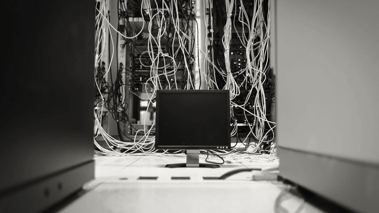 A monitor among cabling and equipment racks in a server room